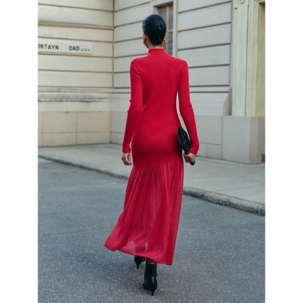 Commense Red‎ Knit Maxi Dress Turtleneck Long Sleeve Evening Cocktail Dress